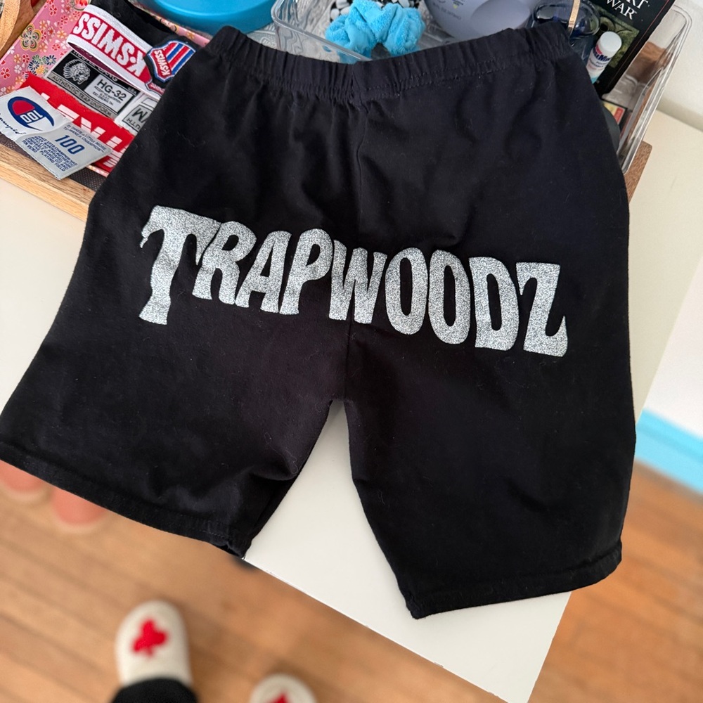 Trapwoodz black biker shorts with silver sparkly spellout bad bish certified